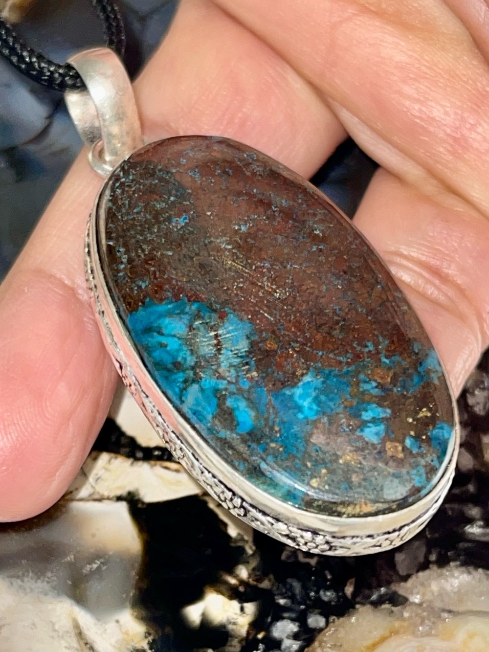 Oval-shaped Stone Brown & Blue Chrysocolla Pendant- Stone of Empowerment 2 1/2”